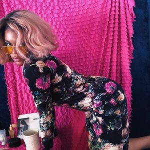 Black floral body con dress